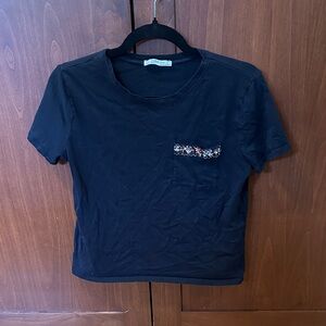 Zara Black Short Sleeve Tee with Patterned Pocket